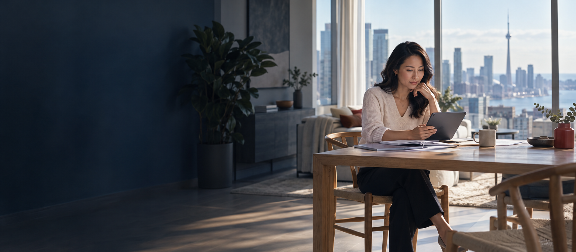 Customer reviewing plans at home with the Toronto skyline beyond