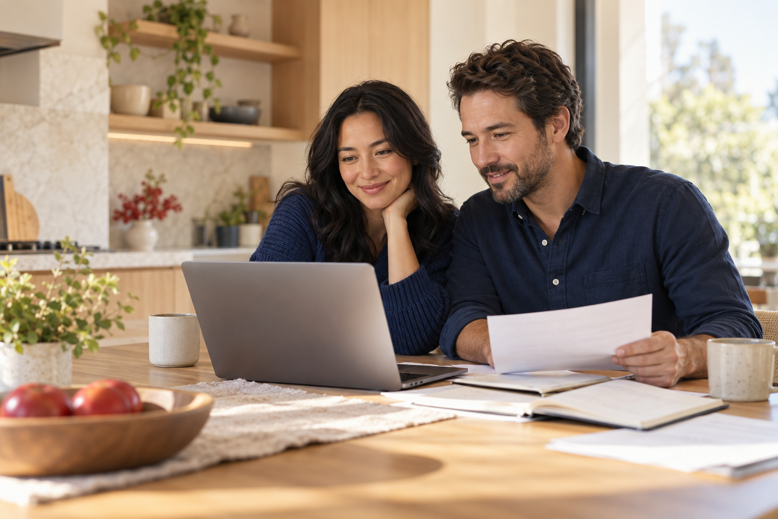 Couple planning together with a laptop at home